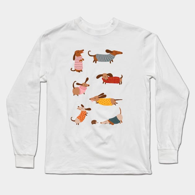 Cute Dachshunds in Winter Sweaters Long Sleeve T-Shirt by BexMorleyArt